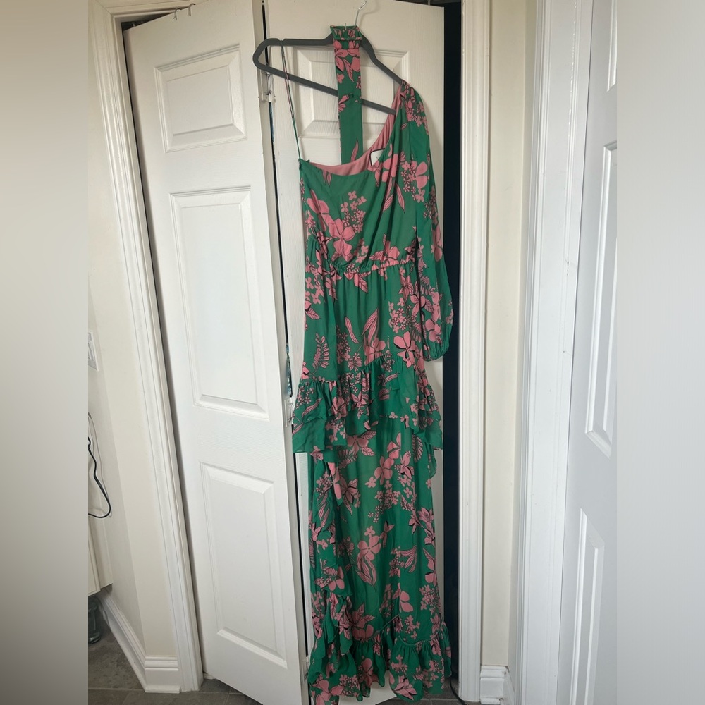 Alexis green and pink floral high low maxi dress size medium